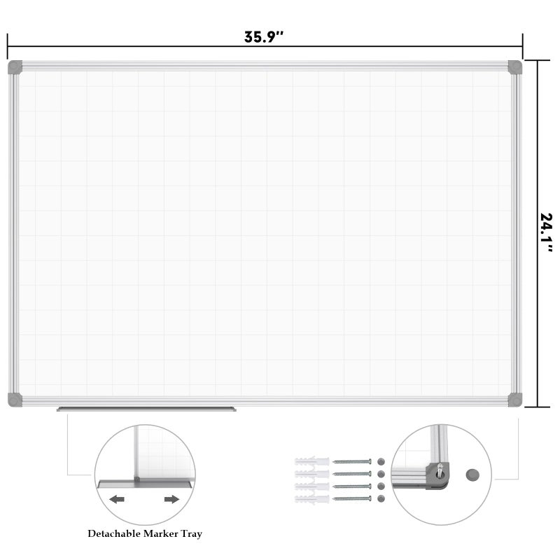 JILoffice Magnetic Dry Erase Planning Board, Grid Pattern White Board 36 x 24 Inch, Silver Aluminum Frame with Detachable Marker Tray for Office School and Home - Image 3